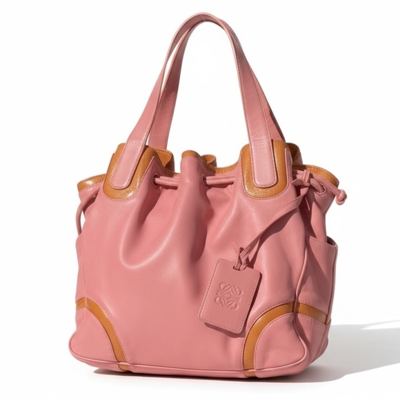 LOEWE ANAGRAM AUTHENTIC PINK SOFT LEATHER DRAW STRING SHOULDER HANDBAG - Picture 3 of 12